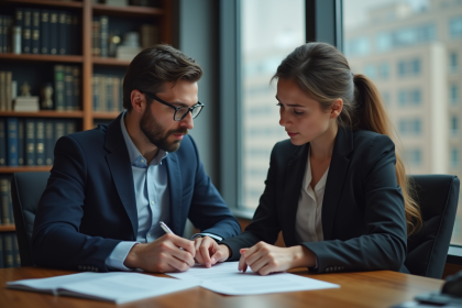 Avocat en costume bleu avec une cliente dans un bureau moderne