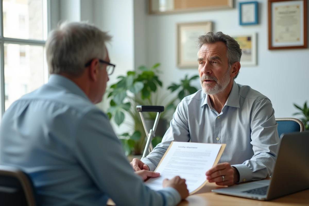 Bailleur et locataire handicapé discutant d'un contrat de location dans un bureau immobilier