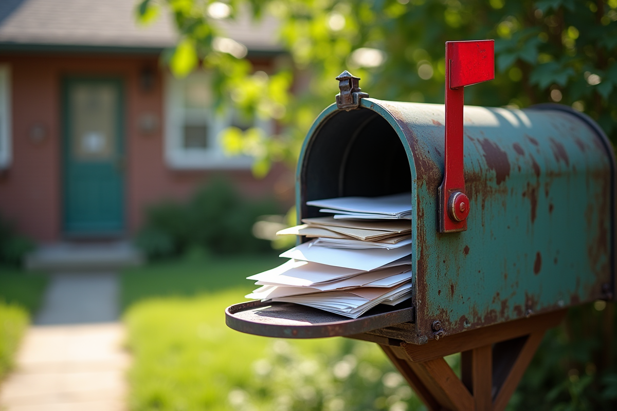 Boite aux lettres usuree remplie de lettres et papiers
