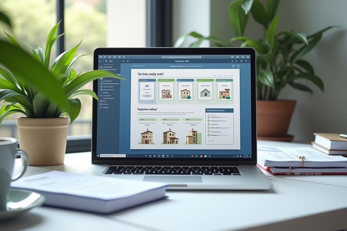 Espace de travail avec ordinateur et documents immobiliers bien organisés
