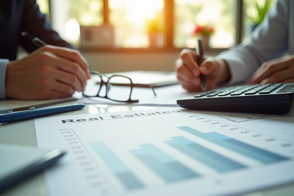 Bureau immobilier lumineux avec documents et calculatrice