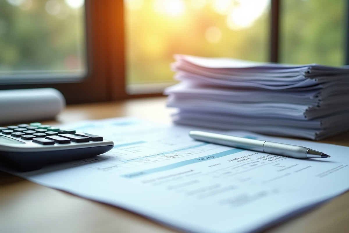 Espace de travail professionnel avec documents fiscaux et calculatrice
