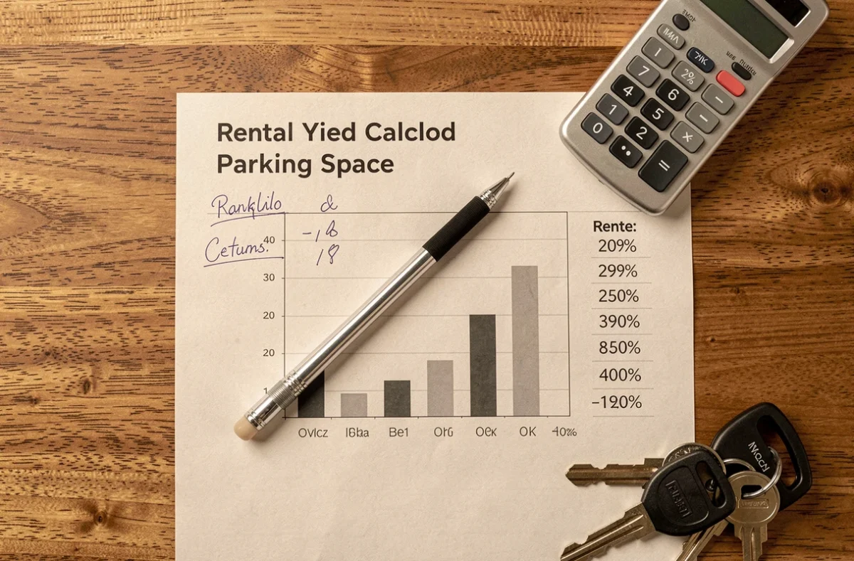 Feuille de calcul de rentabilité locative d'un garage avec clés et calculatrice sur bureau en bois