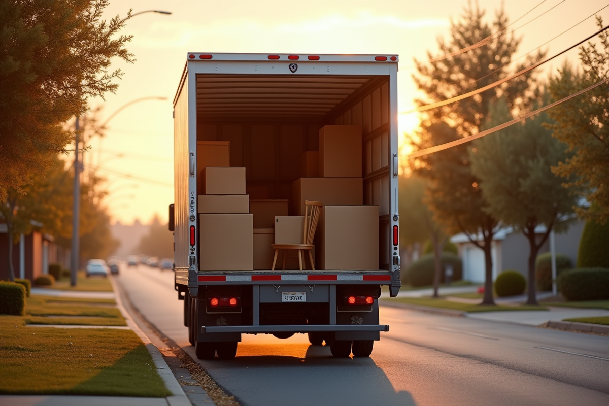 Camion de déménagement vide au lever du soleil sur une rue