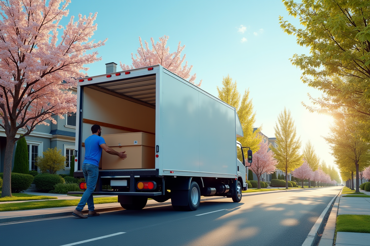 Camion de déménagement moderne sur une rue printanière
