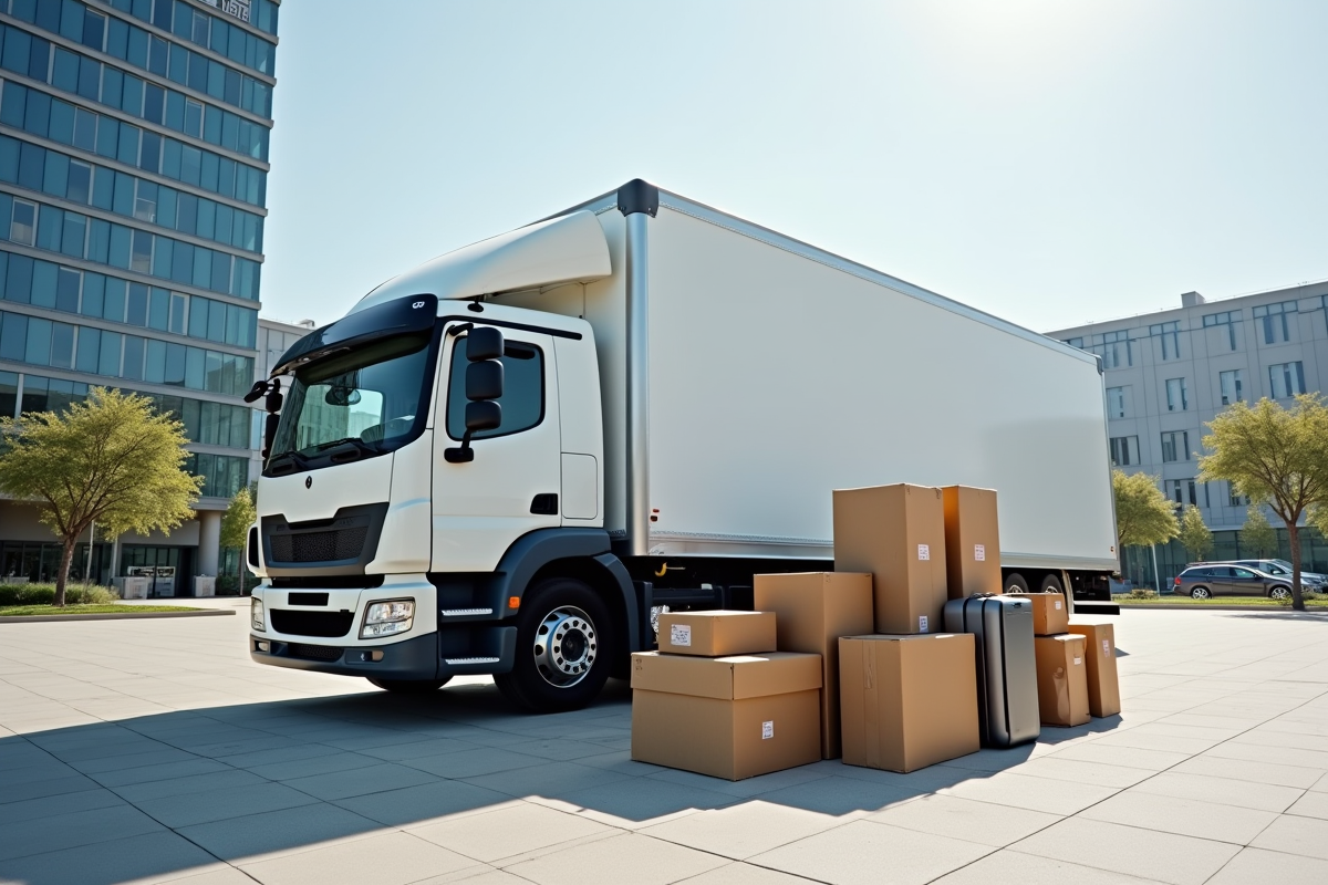 Camion de déménagement de 20m3 avec cartons et valises en ville