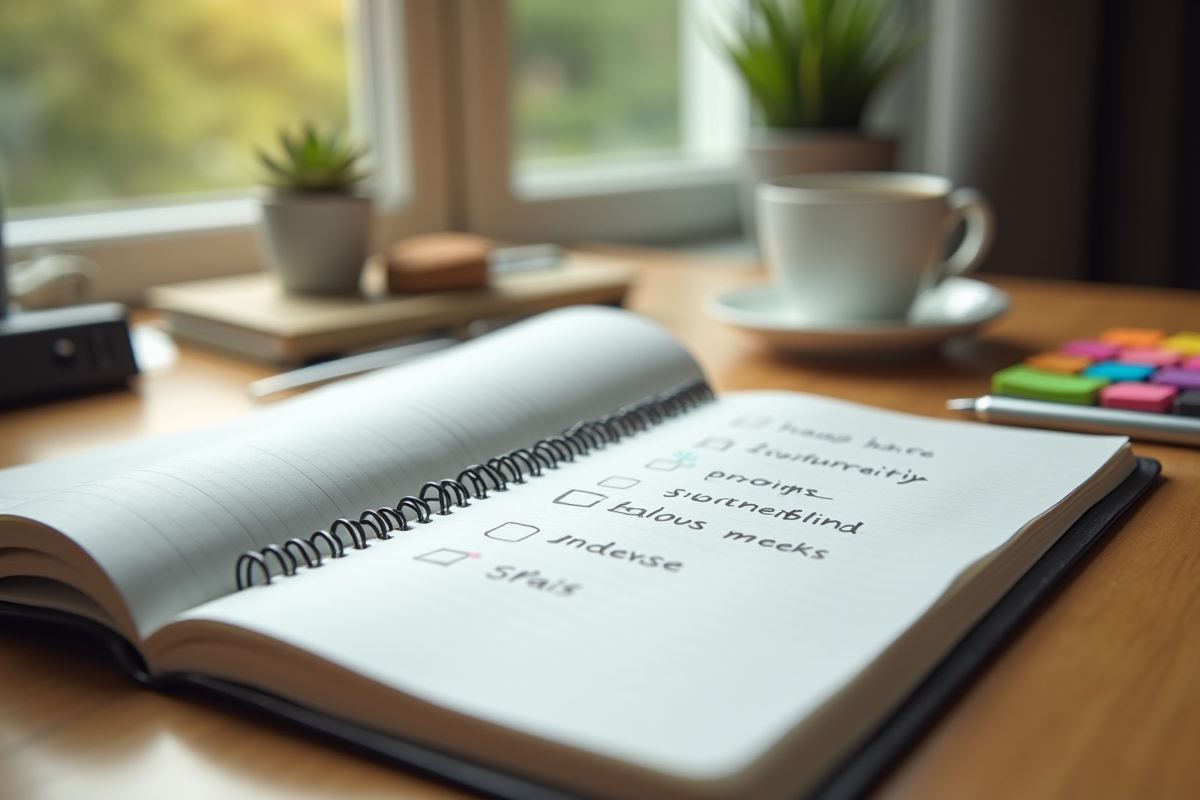 Carnet ouvert avec liste de déménagement sur une table en bois