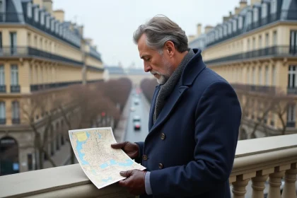 Homme élégant consultant une carte des arrondissements de Paris devant des immeubles haussmanniens dans un quartier aisé