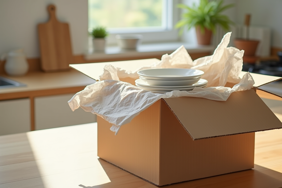 Carton avec vaisselle soigneusement protégée par papier et bulles