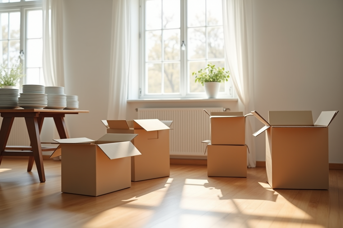 Différents cartons vides pour déménagement dans un salon lumineux