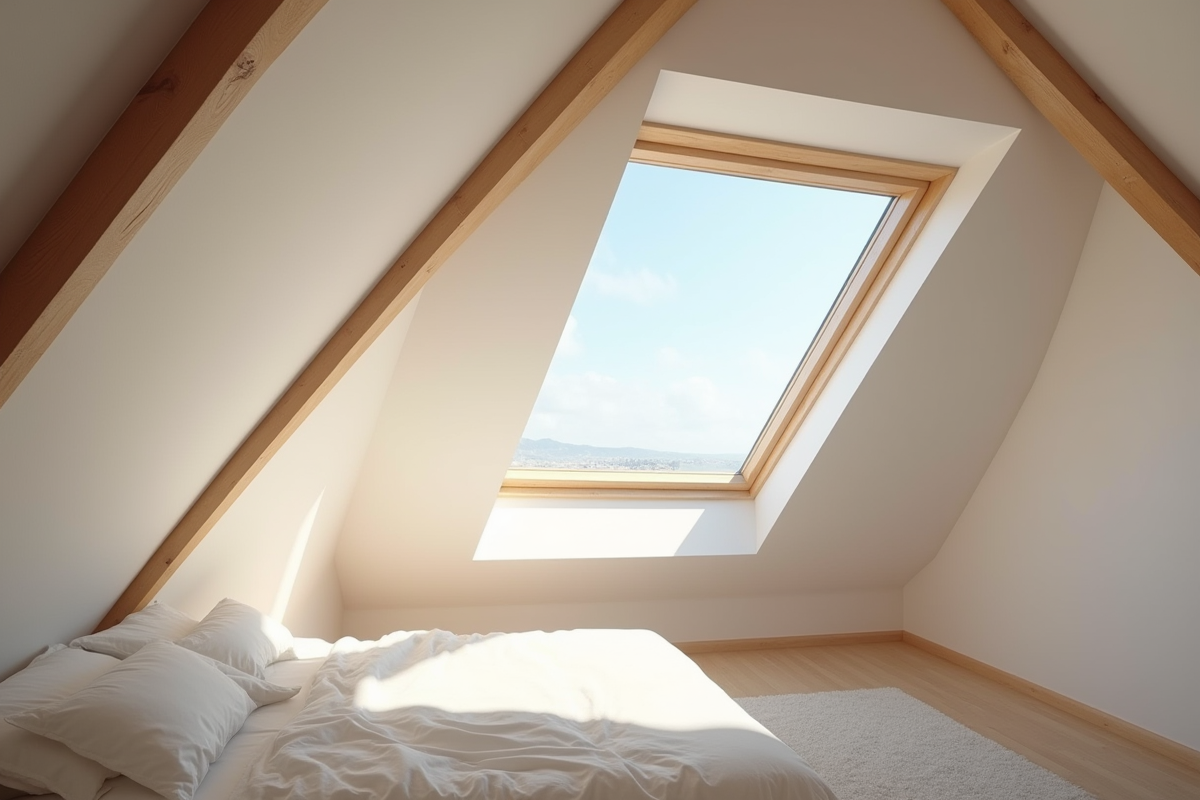 Chambre loft moderne avec grand pignon en lumière naturelle