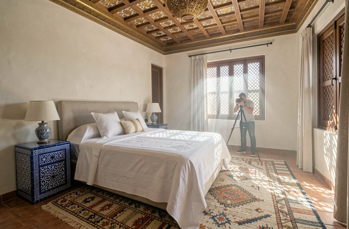 Chambre de villa de luxe à Marrakech aménagée pour la location saisonnière avec décor marocain authentique et photographe professionnel en arrière-plan
