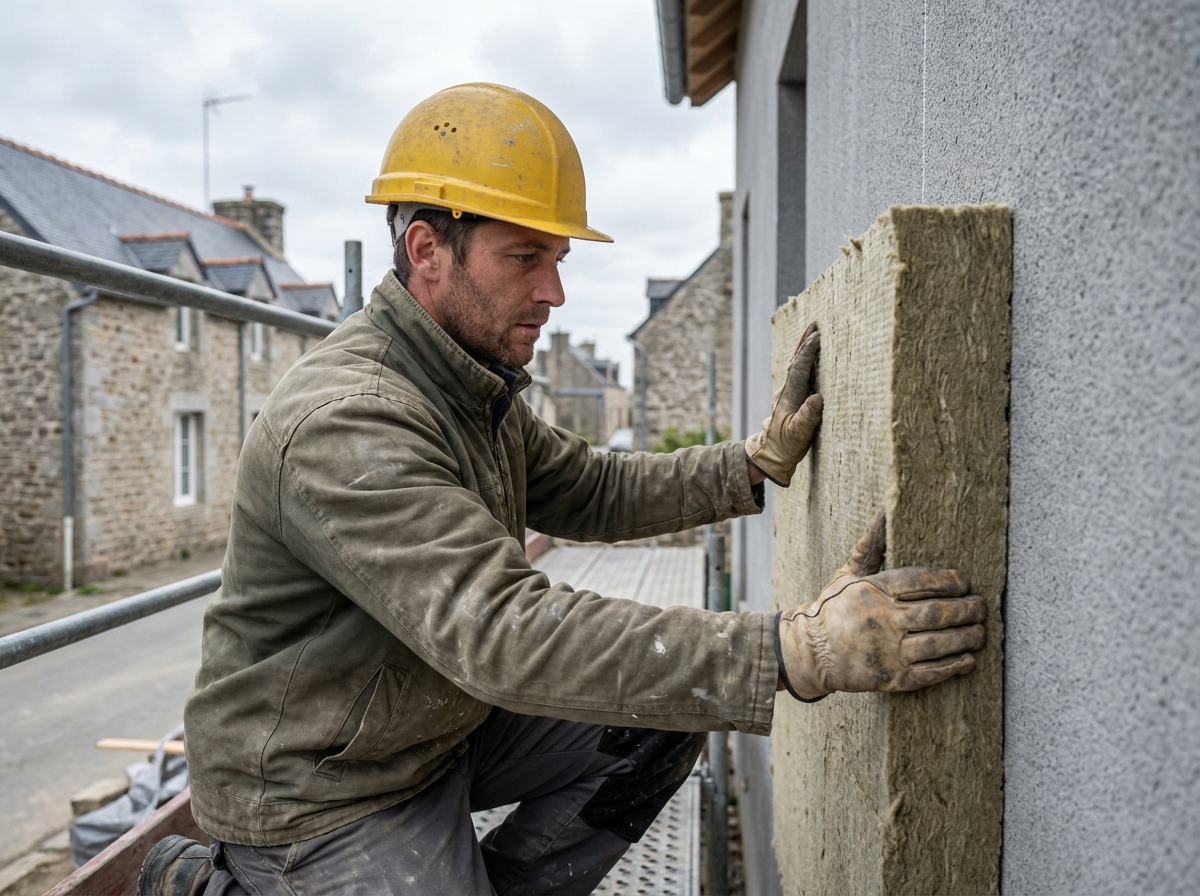 Ouvrier posant des panneaux d'isolation thermique extérieure sur une maison passive en construction dans un village breton, avec des maisons en granit visibles en arrière-plan flou