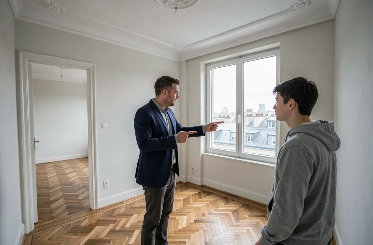 Chasseur immobilier présentant un deux pièces vide à un étudiant dans une ville universitaire