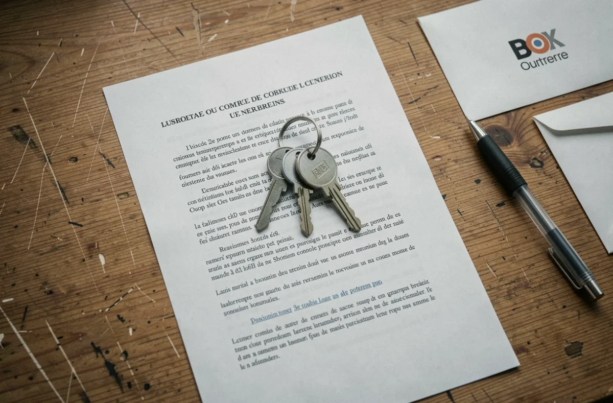 Clés de maison posées sur un document attestation de remise de clé imprimé avec un stylo et une enveloppe sur un bureau en bois