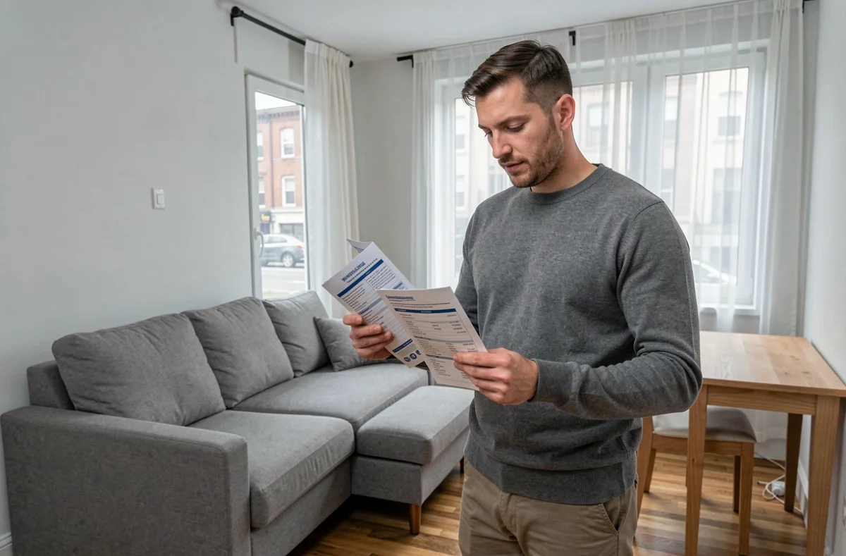 Homme comparant des offres d'assurance habitation dans un petit studio meublé en ville