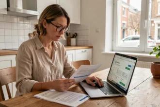 Femme comparant des offres d'assurance habitation sur ordinateur portable à La Roche-sur-Yon