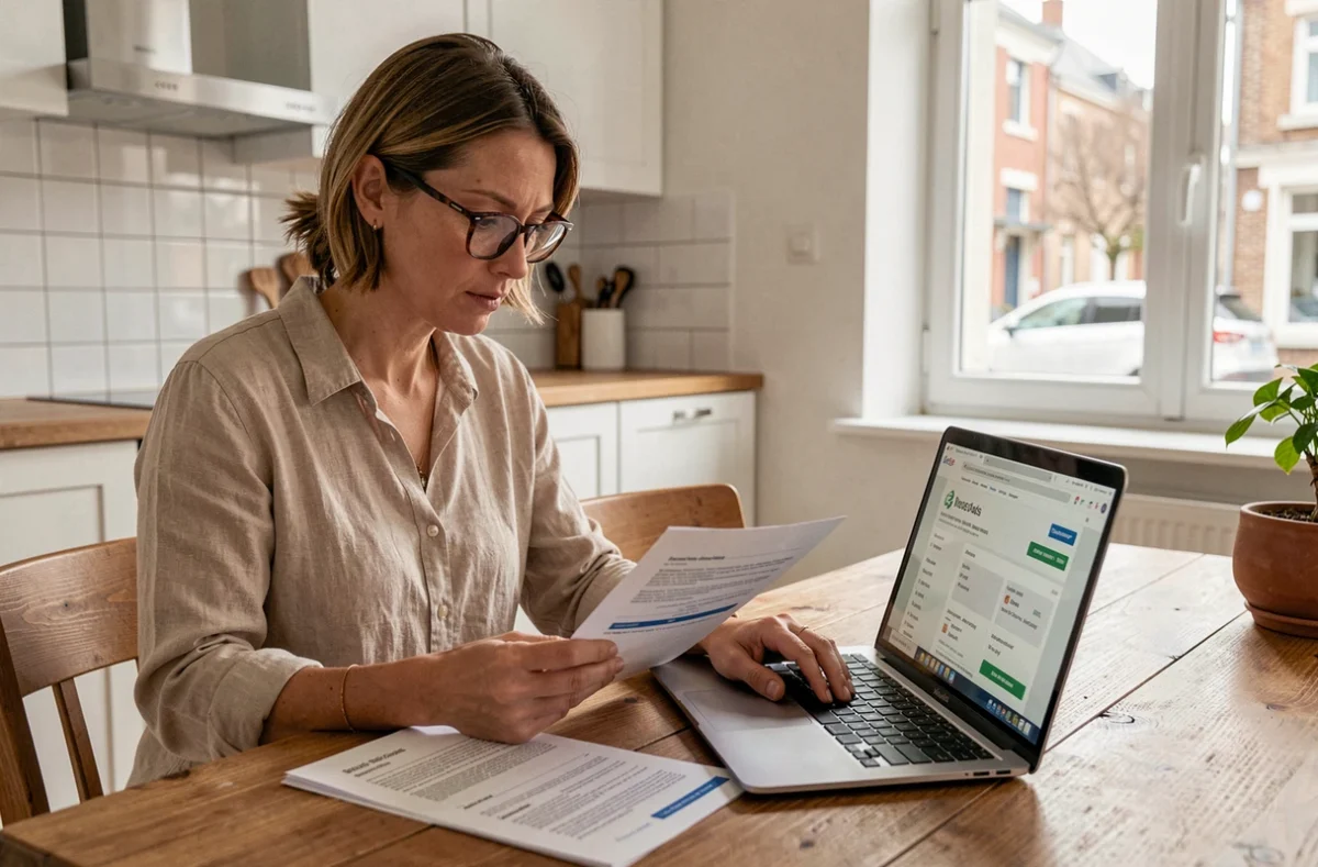 Femme comparant des offres d'assurance habitation sur ordinateur portable à La Roche-sur-Yon