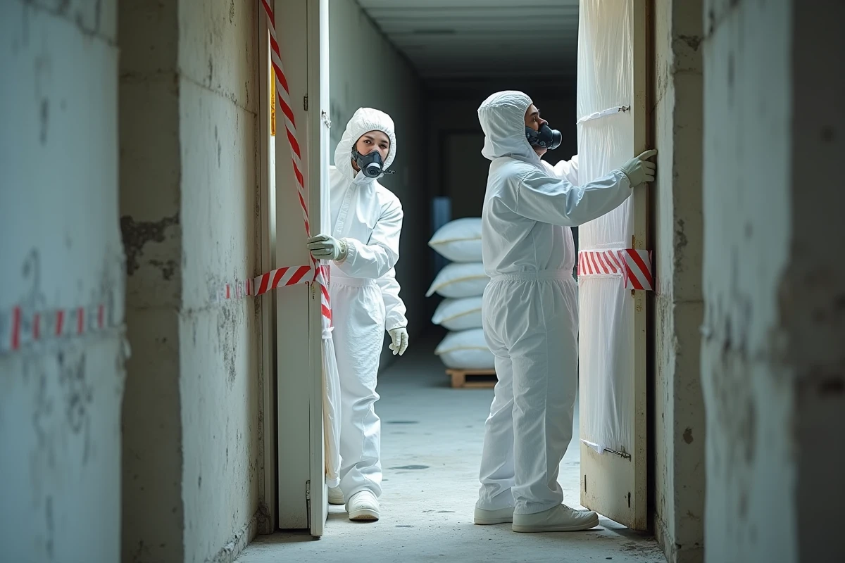 Deux ouvriers spécialisés scellant une zone de confinement lors d'un chantier de désamiantage dans un bâtiment commercial