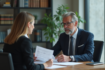 Conseiller bancaire en costume montrant des documents financiers