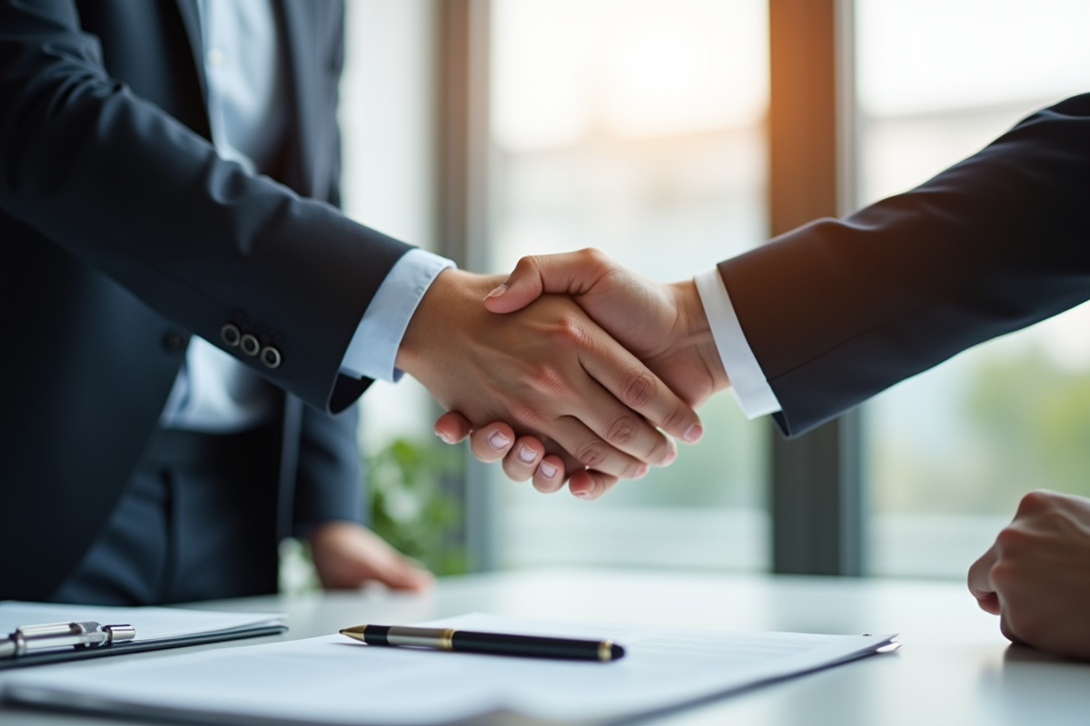 Conseiller financier et client se serrant la main dans un bureau moderne