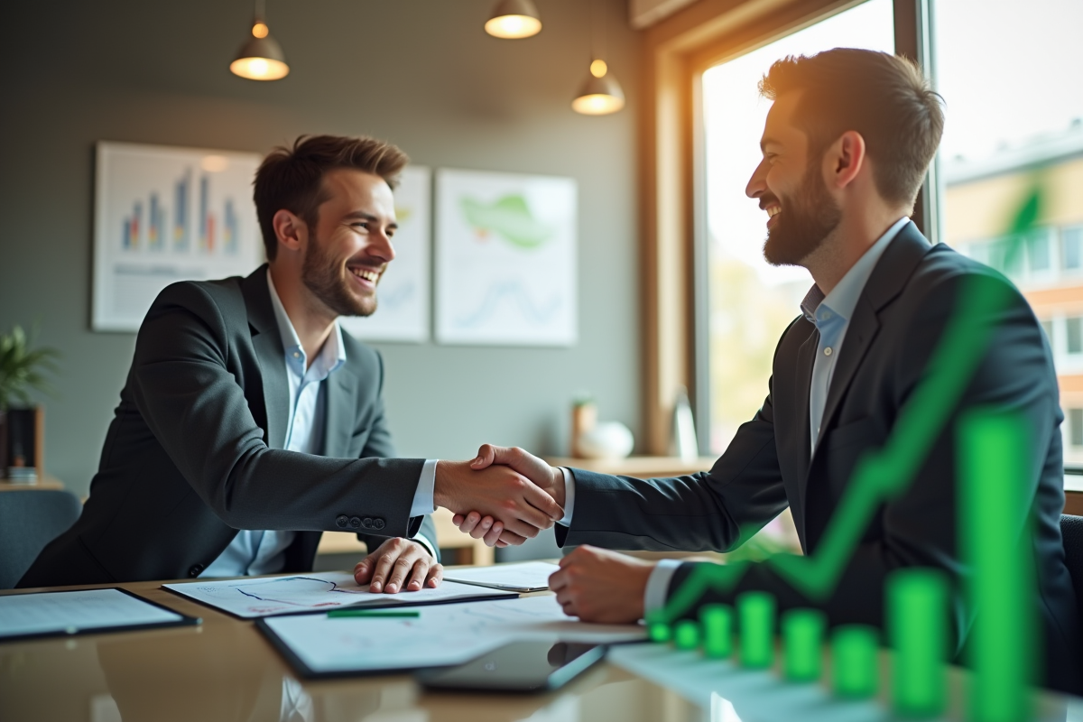 Conseiller financier souriant serrant la main d'un client dans un bureau lumineux