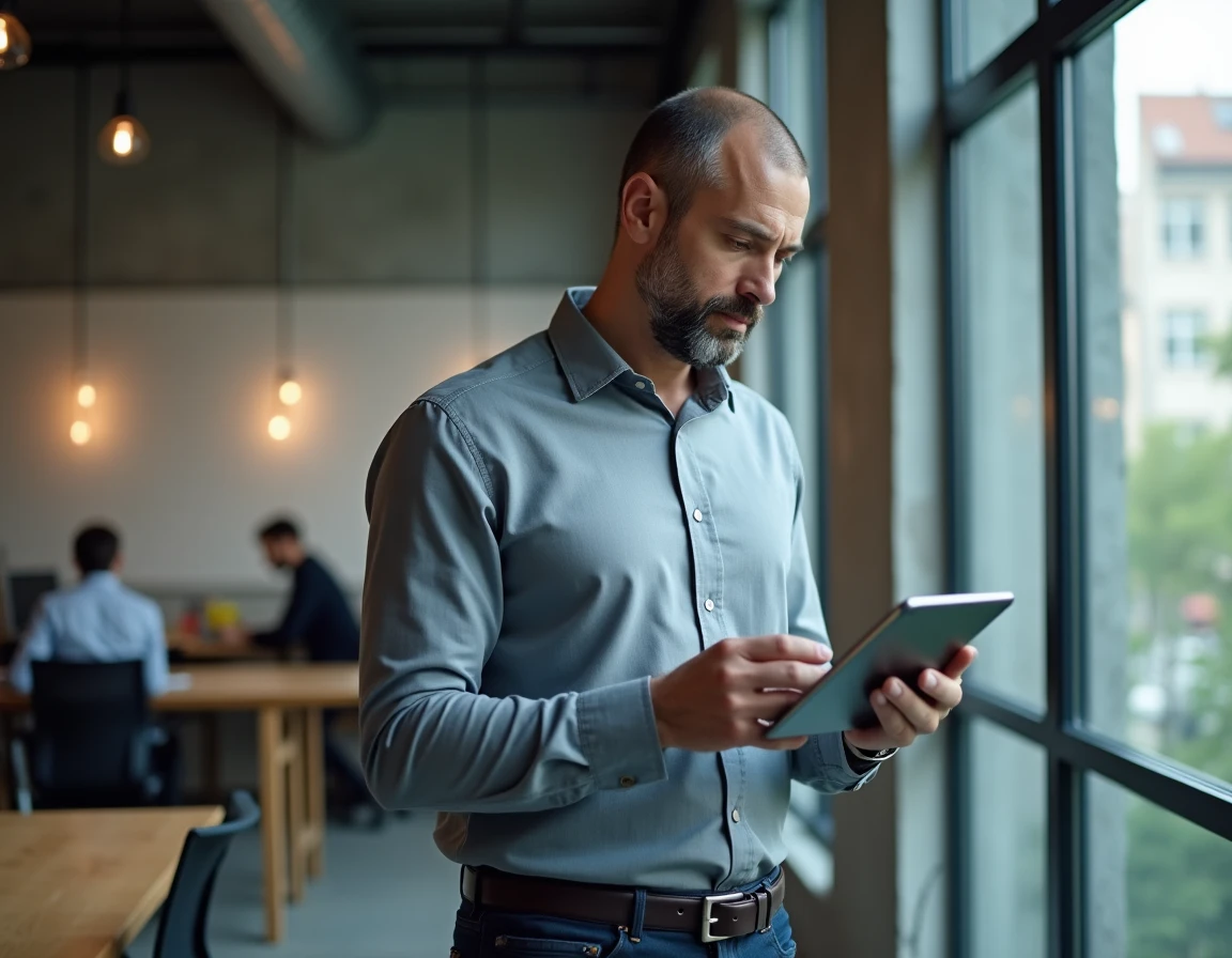 Conseiller IAD consultant l'application Playiad sur tablette dans un espace de coworking