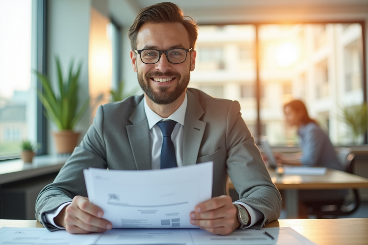 Conseiller immobilier confiant avec documents de propriété
