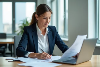 Conseillère immobilière analysant les plafonds de ressources Pinel 2025 et 2026 dans une agence moderne