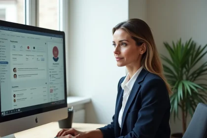 Conseillère immobilière utilisant l'intranet IAD France sur un bureau à domicile avec deux écrans