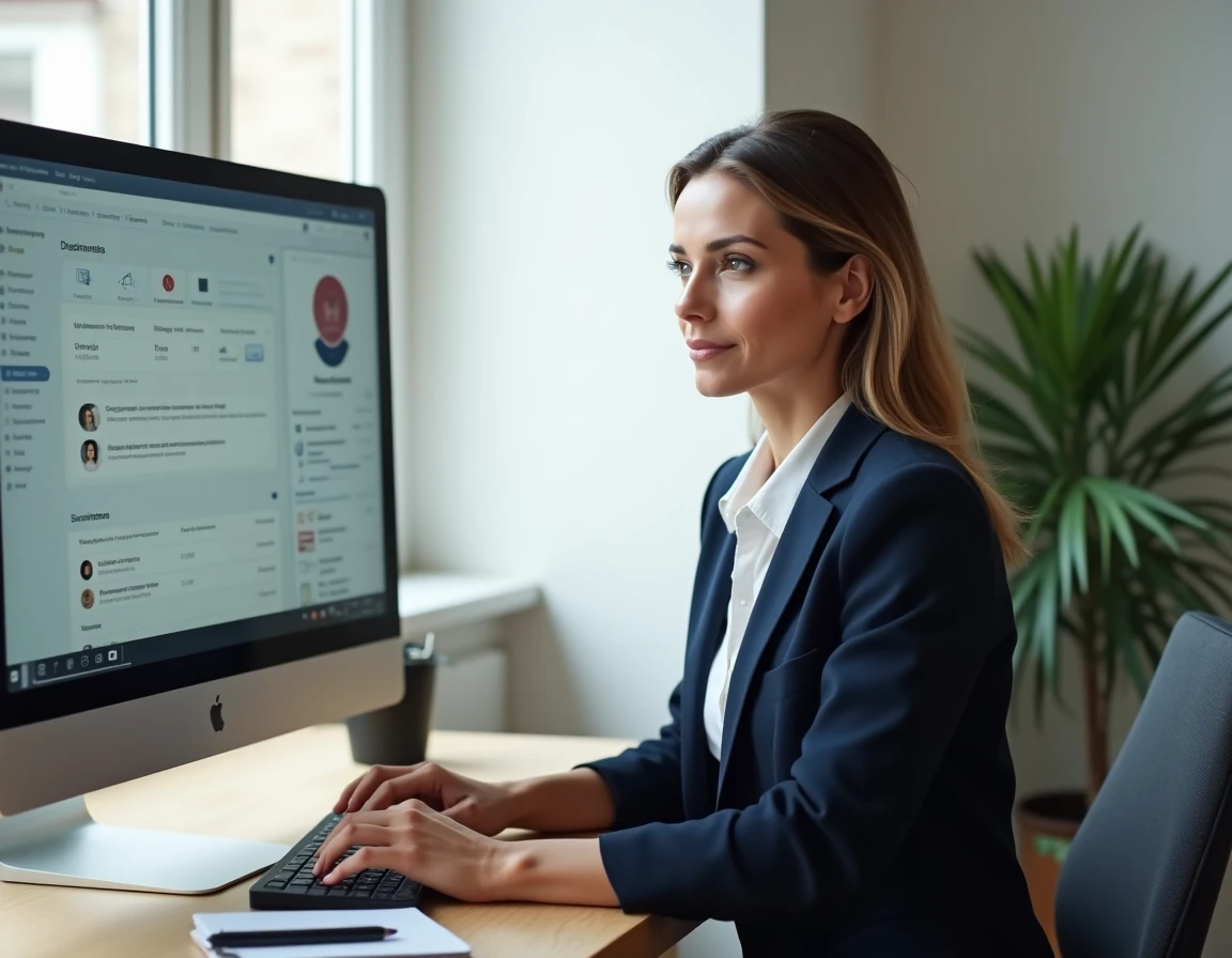 Conseillère immobilière utilisant l'intranet IAD France sur un bureau à domicile avec deux écrans