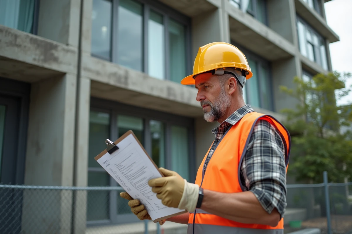 Consultant en sécurité examinant un rapport de diagnostic amiante devant un immeuble résidentiel en rénovation