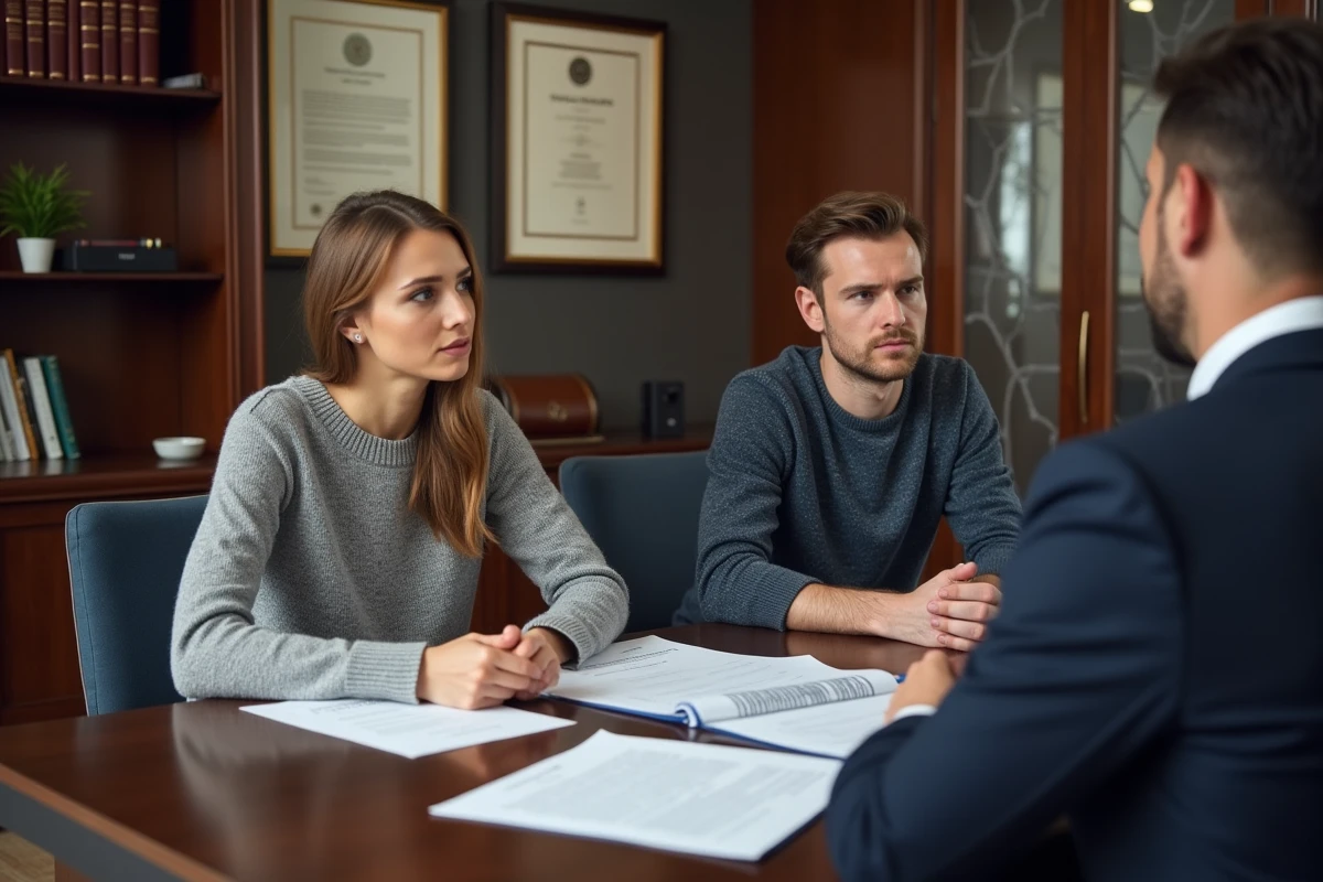 Couple de propriétaires en consultation avec un conseiller immobilier sur le classement meublé de tourisme et le règlement de copropriété