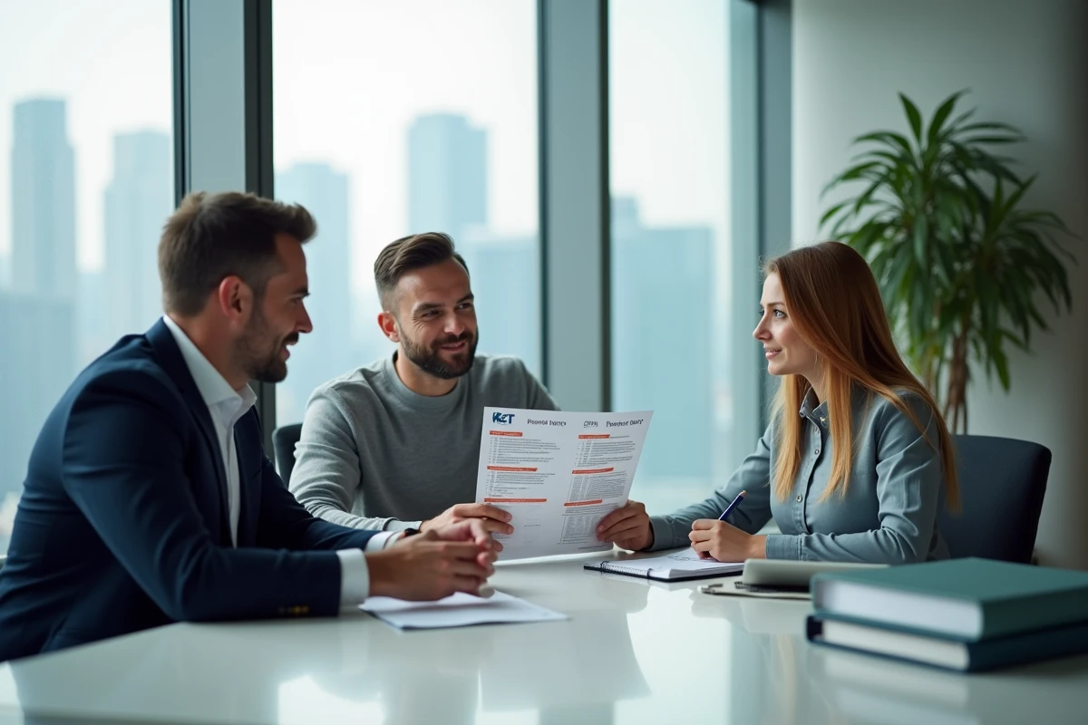 Couple en consultation avec un conseiller financier pour optimiser leur dossier Pinel selon les plafonds de ressources