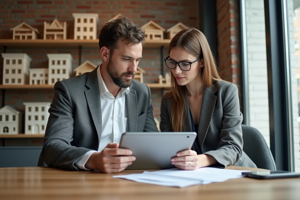 Consultation entre un homme et une conseill&egrave;re immobili&egrave;re
