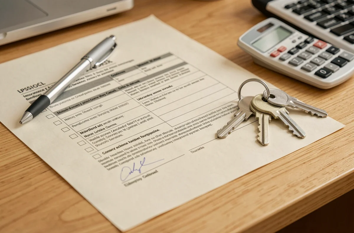 Contrat d'assurance habitation avec clés d'appartement et stylo sur un bureau en bois
