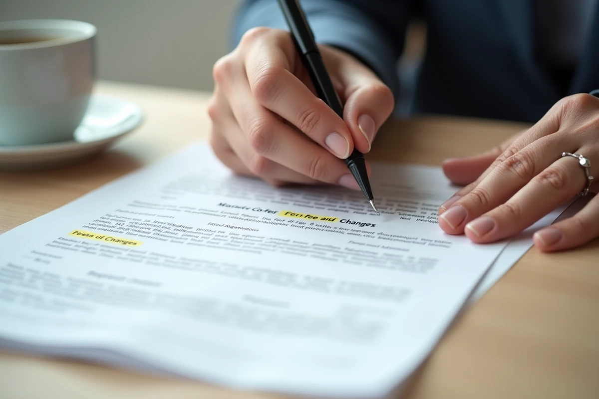 Mains tenant un stylo au-dessus d'un contrat immobilier avec clause d'honoraires surlignée
