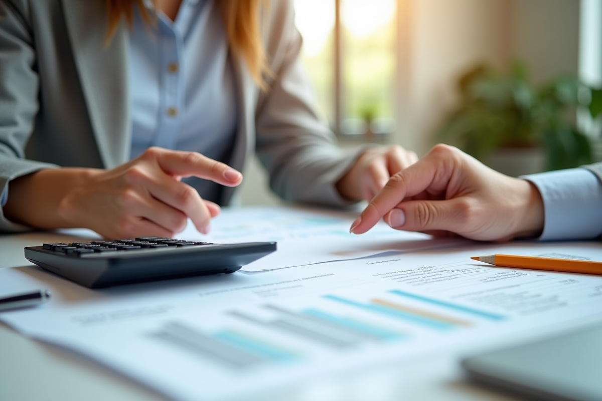 Main d un agent financier avec contrat et calculatrice sur bureau