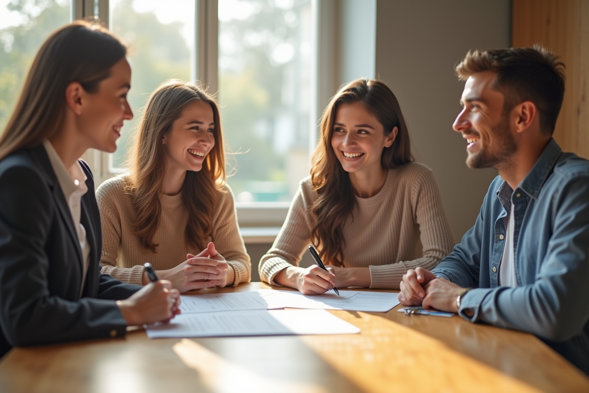 Jeune couple signant un contrat de location avec une professionnelle
