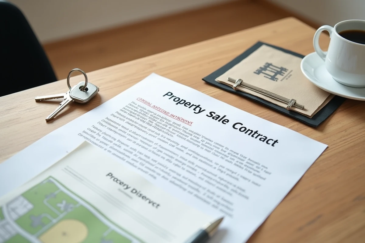 Contrat de vente de parcelle avec mobil-home, clés et plan de terrain posés sur une table en bois lors d'une signature notariale