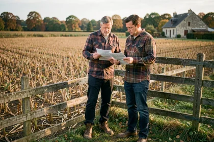 Couple de copreneurs agricoles examinant des documents de bail rural devant leurs terres cultivées en automne
