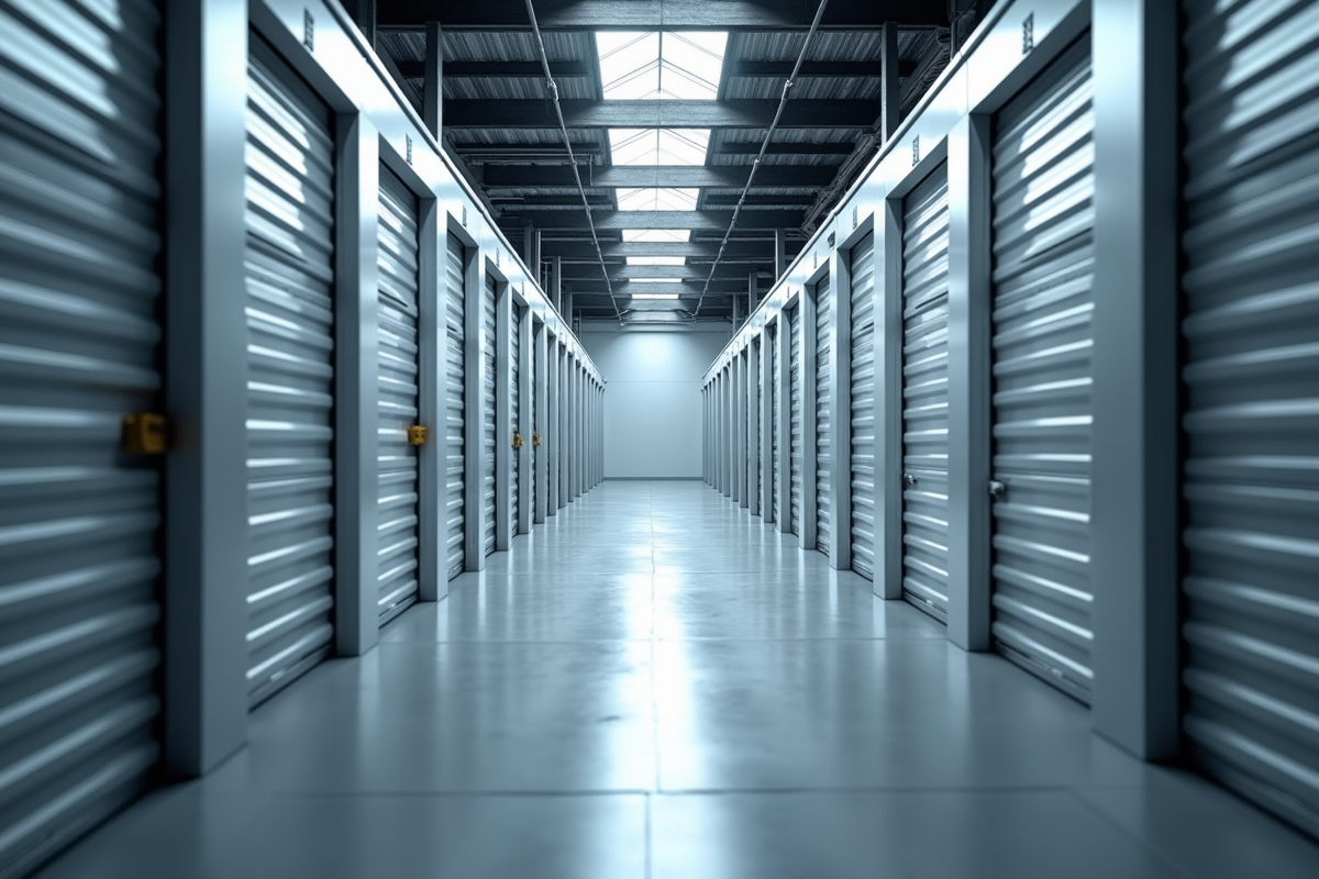 Couloir de stockage spacieux avec portes métalliques fermées
