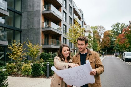 Jeune couple devant un immeuble neuf à Clamart consultant des plans d'achat immobilier