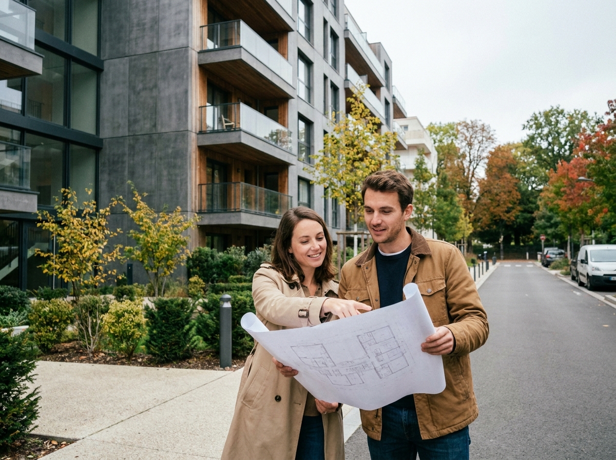 Jeune couple devant un immeuble neuf à Clamart consultant des plans d'achat immobilier