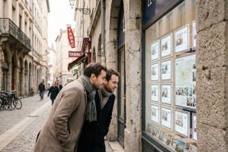 Un couple examine une vitrine d'agence immobilière dans le 3e arrondissement de Lyon