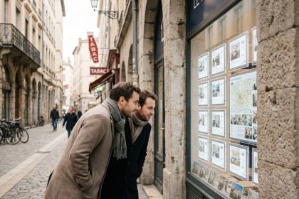 Un couple examine une vitrine d'agence immobilière dans le 3e arrondissement de Lyon