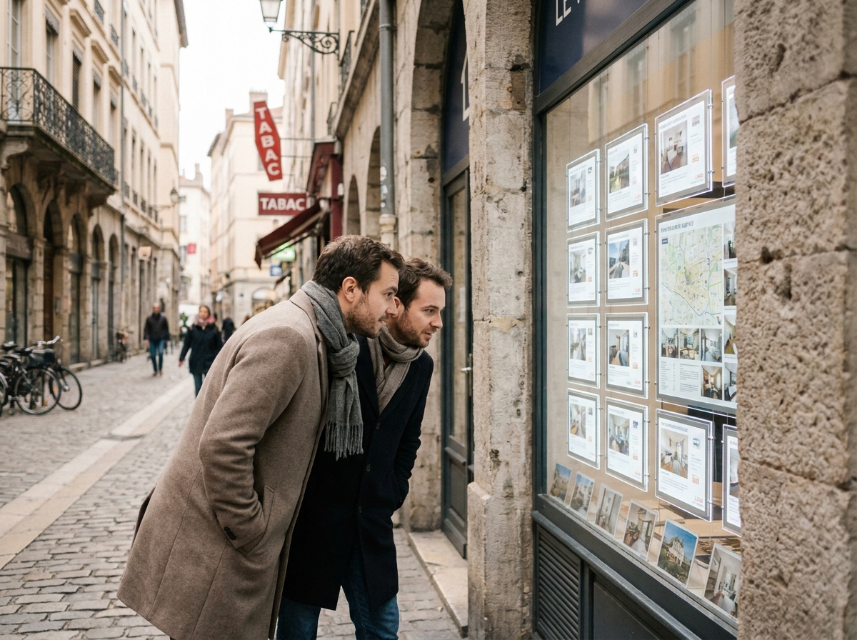 Un couple examine une vitrine d'agence immobilière dans le 3e arrondissement de Lyon