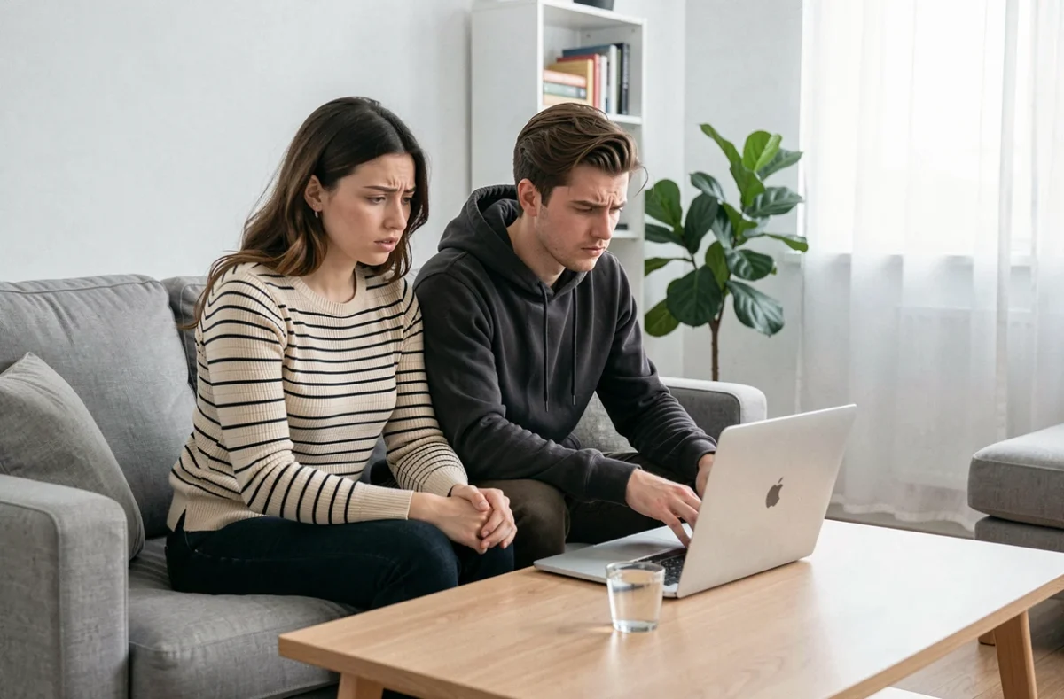 Couple comparant les prix d'assurance habitation en ligne dans leur appartement T2
