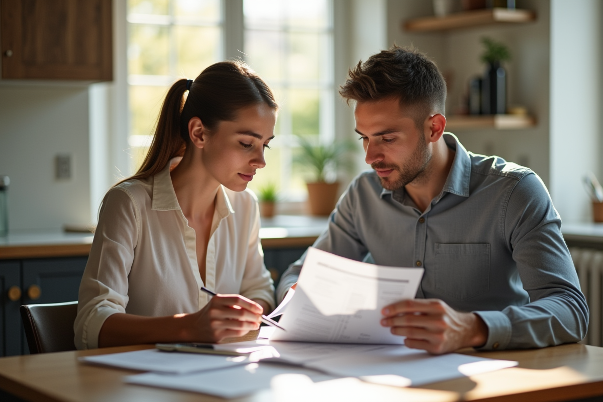Jeune couple professionnel examinant des documents de location