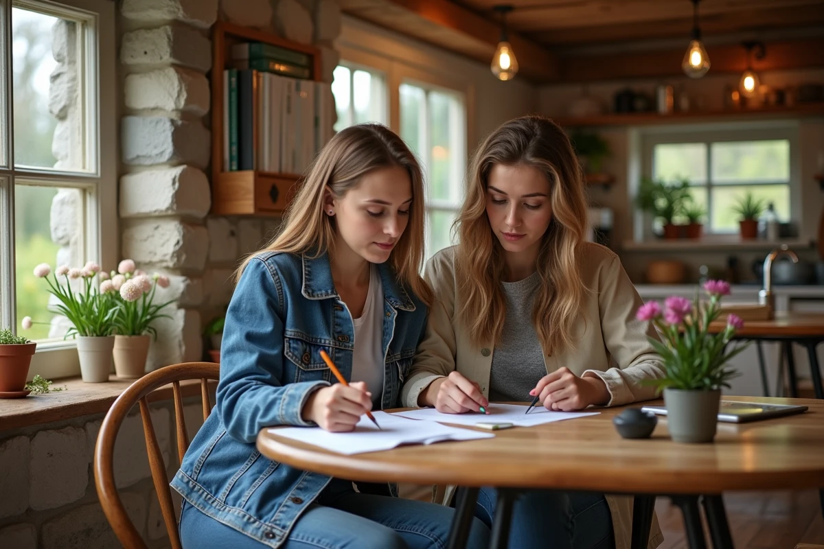 Jeune couple vérifiant une liste dans une cuisine chaleureuse